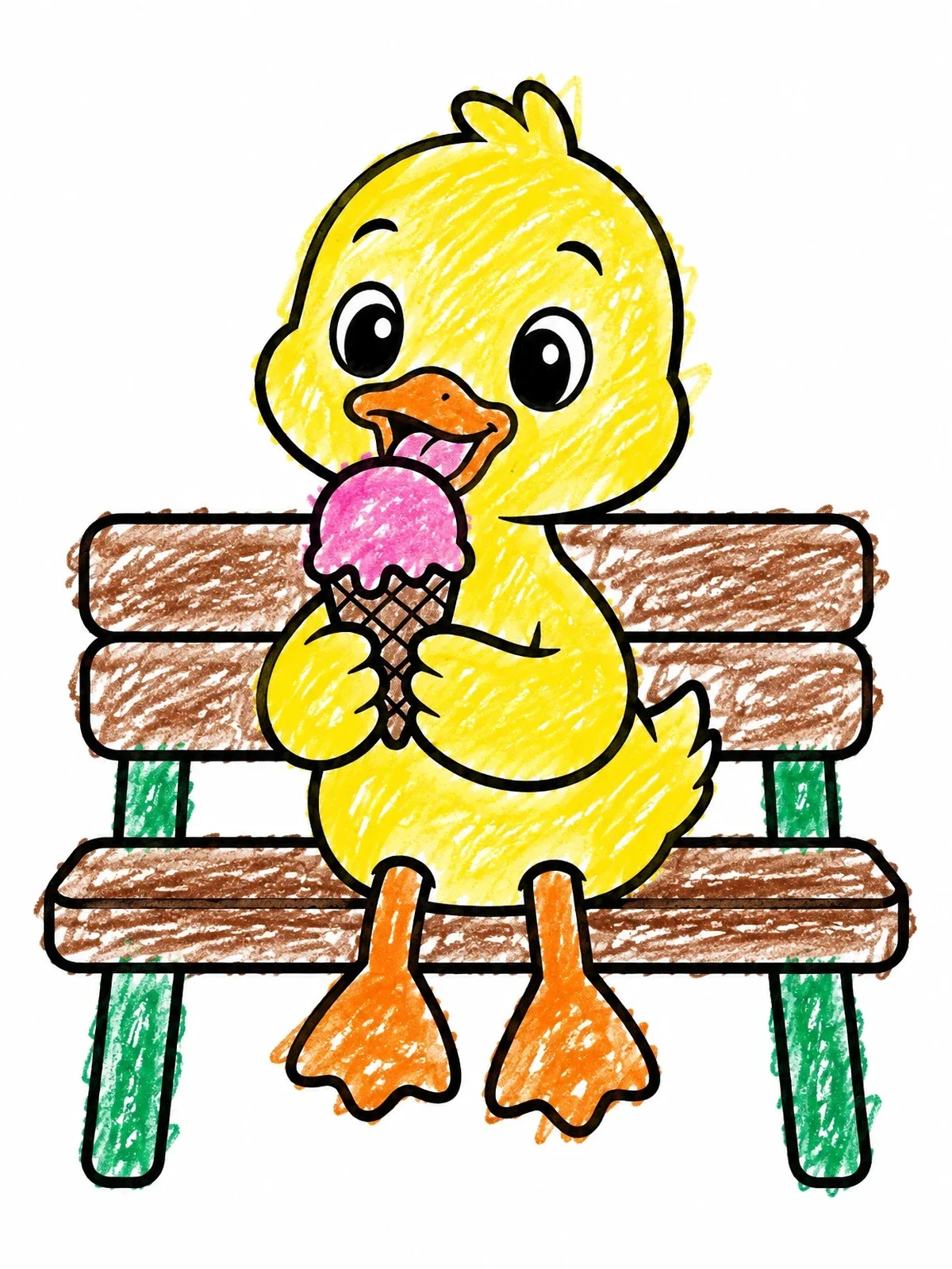 Colored example of the Duckling Eating Ice Cream On Bench coloring page