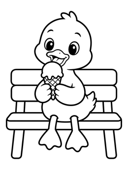 A cute duck coloring page of a duckling enjoying an ice cream cone on a park bench.