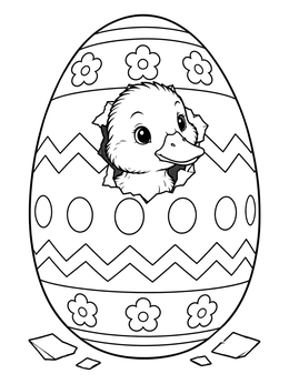 A sweet easter duck coloring page with a fluffy duckling hatching from a patterned egg.