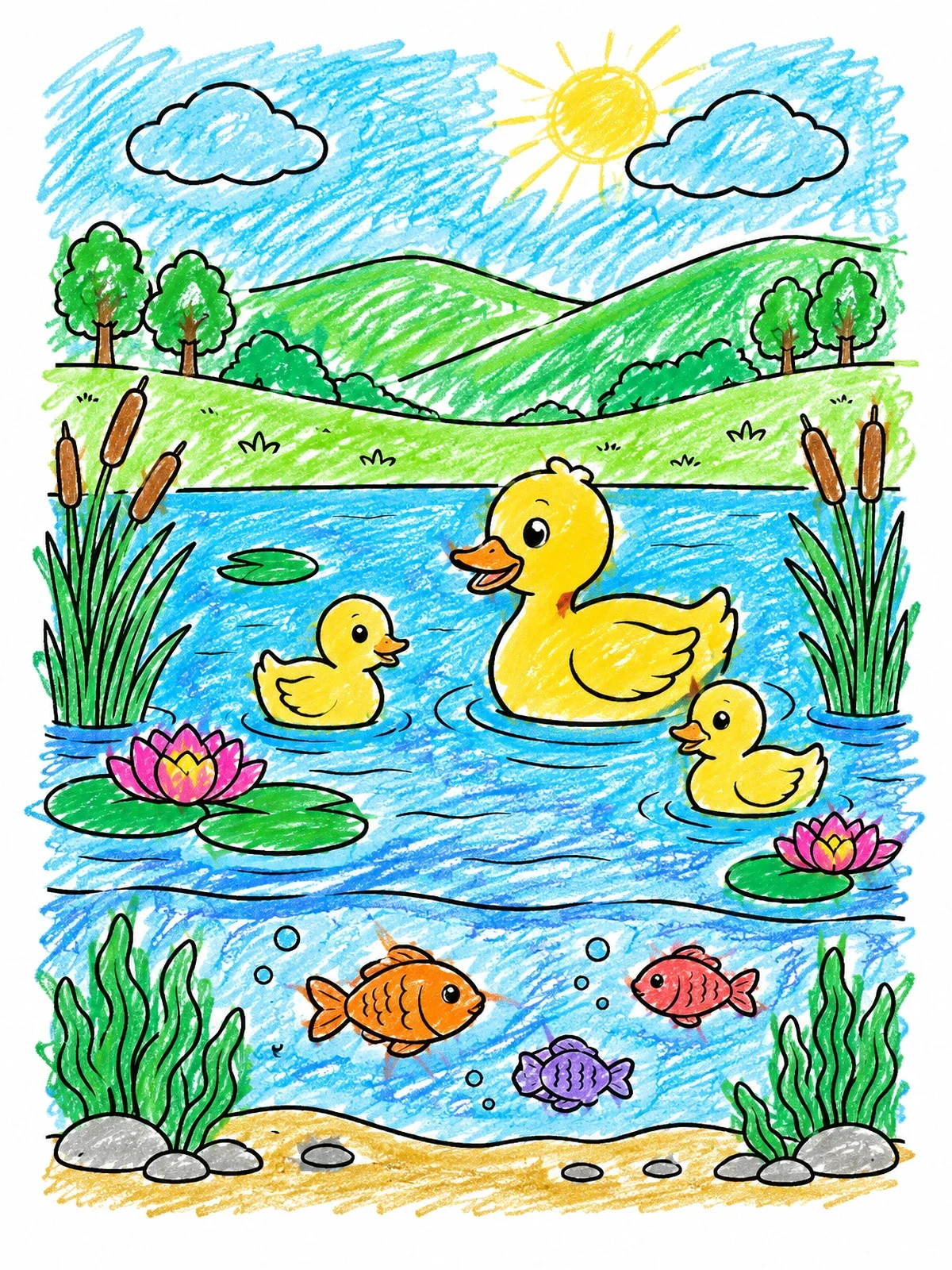 Colored example of the Ducks And Fish In Lake coloring page