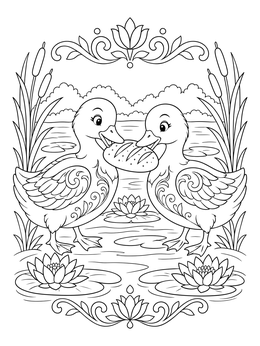Two ducks share a loaf of bread in a pond on this picnic coloring page.