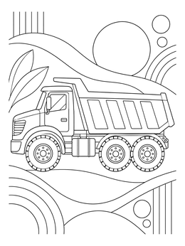 Heavy-duty dump truck coloring page set against stylized abstract shapes.