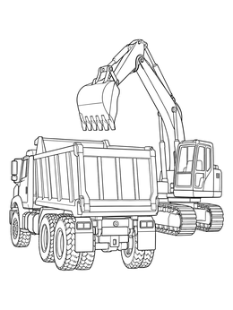 A detailed dump truck coloring page featuring a heavy excavator bucket positioned above the truck bed.
