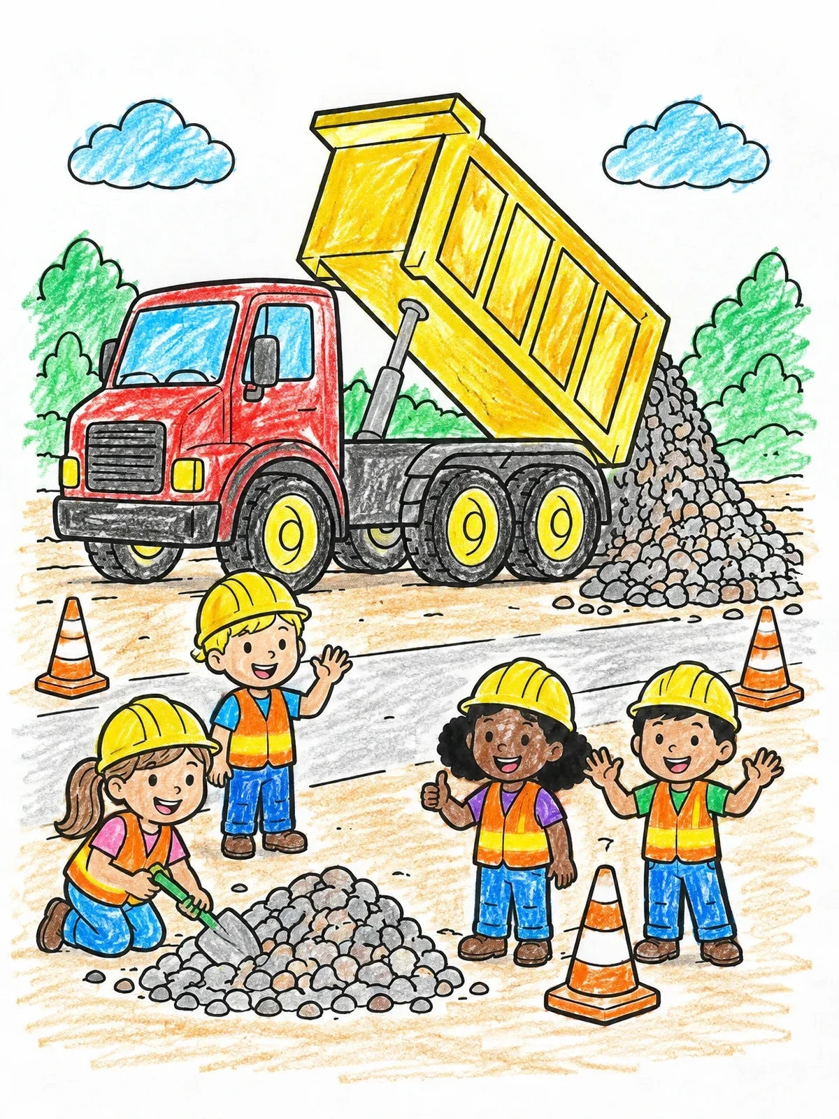 Colored example of the Dump Truck And Kids At Work coloring page