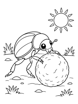 A dung beetle coloring page showing the insect rolling a ball under the shining sun.