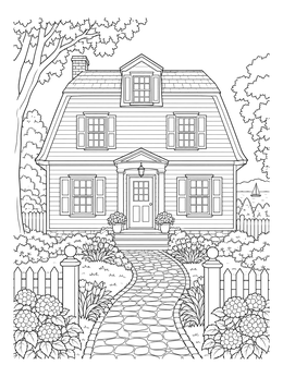A Dutch colonial revival house coloring page with a stone walkway and flower garden.