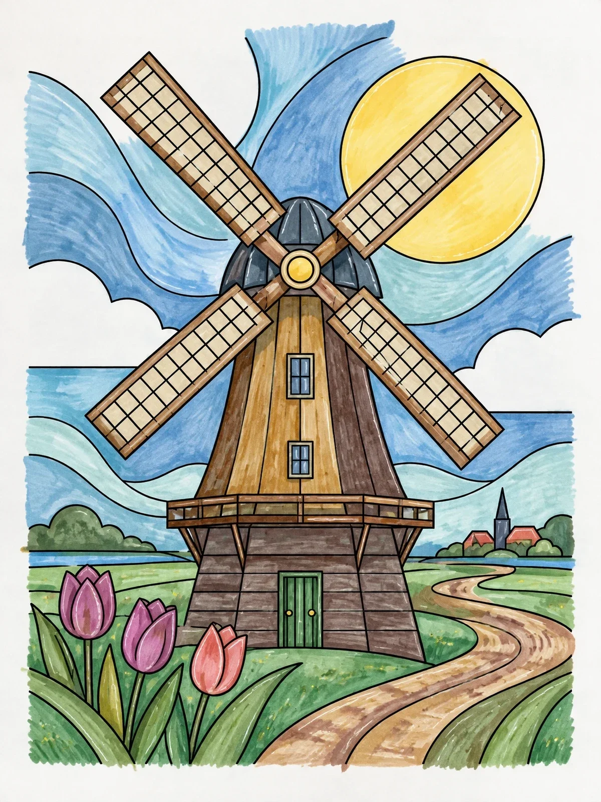 Colored example of the Dutch Windmill And Tulips coloring page