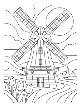 A detailed windmill coloring page with tulips in a scenic landscape.