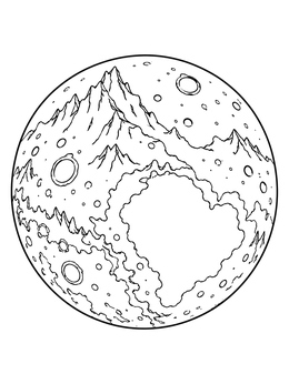 A detailed pluto planet coloring page featuring rugged ice mountains, deep craters, and the heart-shaped plain.
