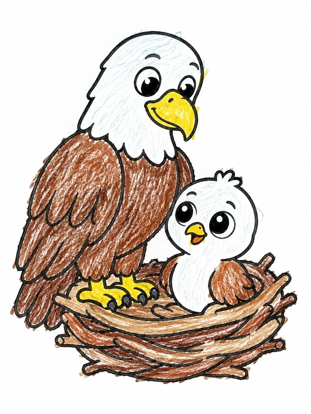 Colored example of the Eagle And Chick In Nest coloring page
