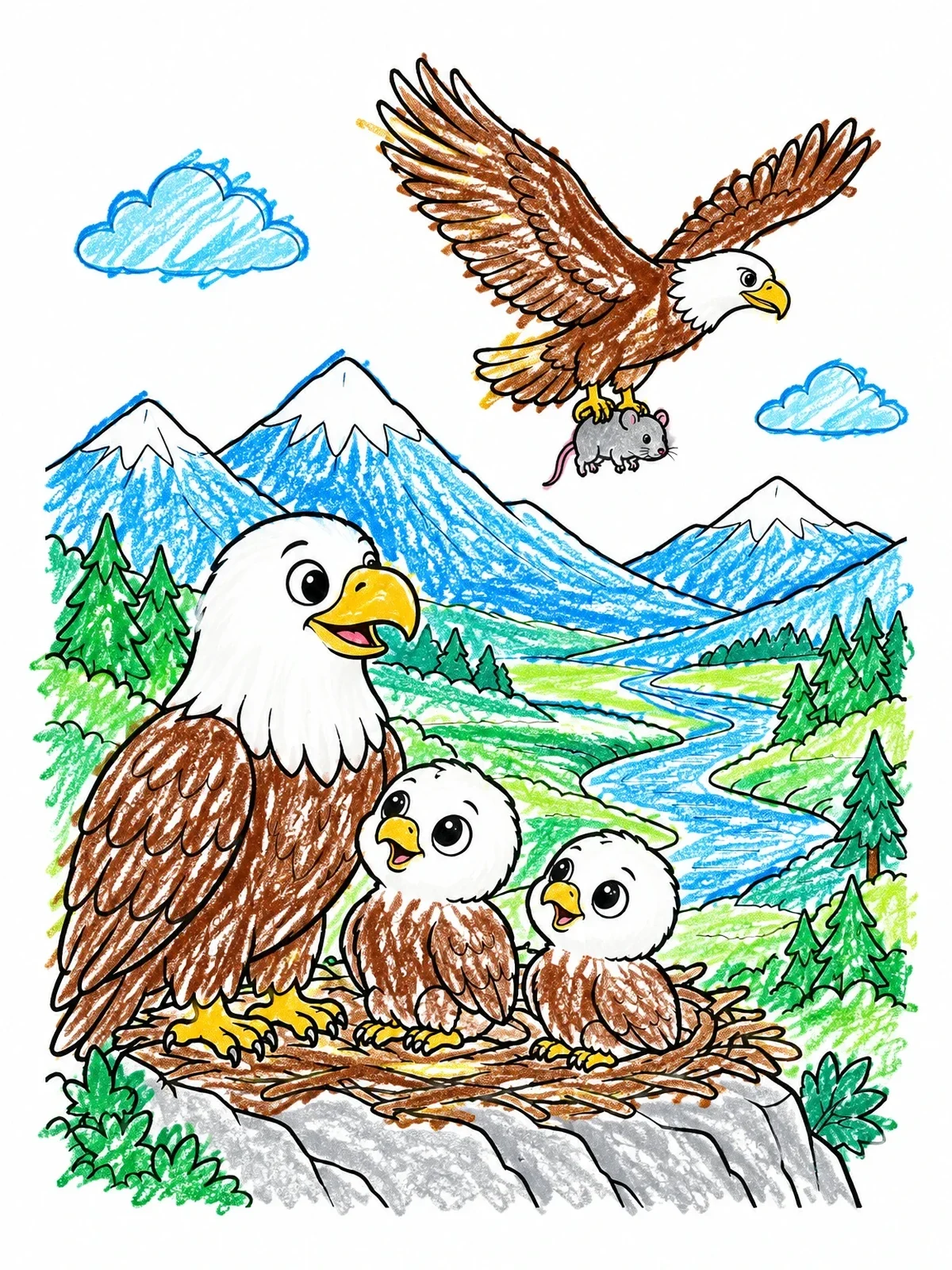 Colored example of the Eagle Family In Mountain Nest coloring page