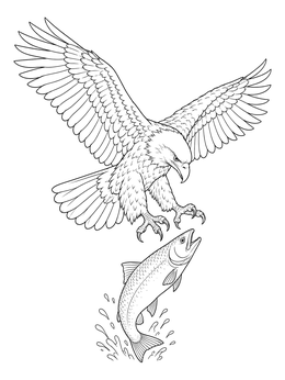 A detailed salmon coloring page showing a bald eagle diving toward a leaping fish.
