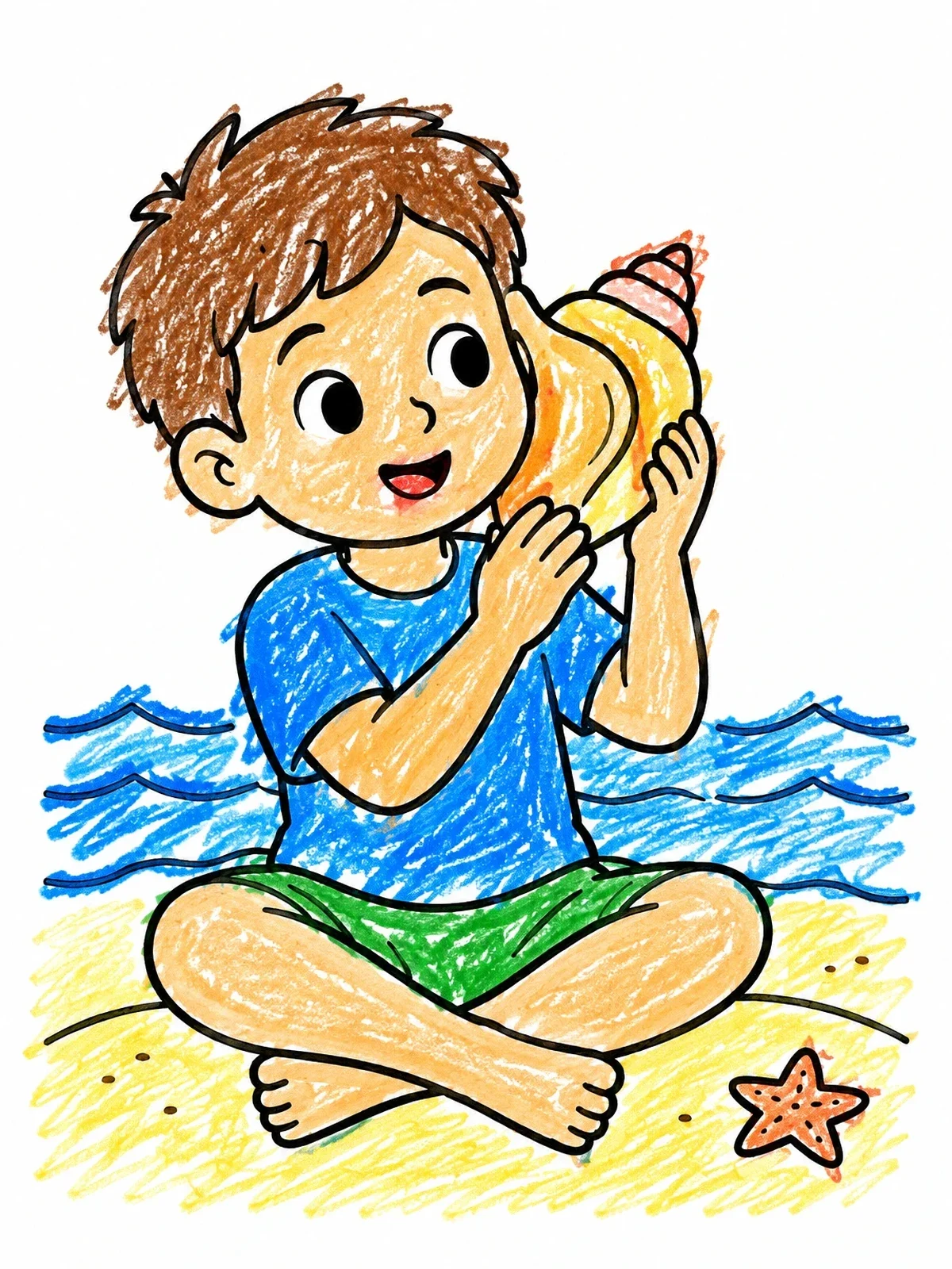 Colored example of the Boy Listening To Sea Conch coloring page