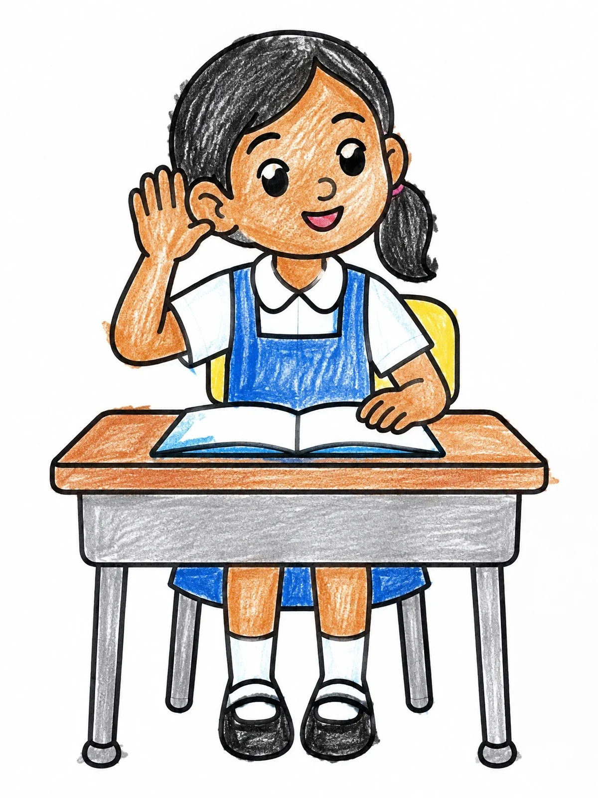 Colored example of the Girl Listening Carefully At School Desk coloring page