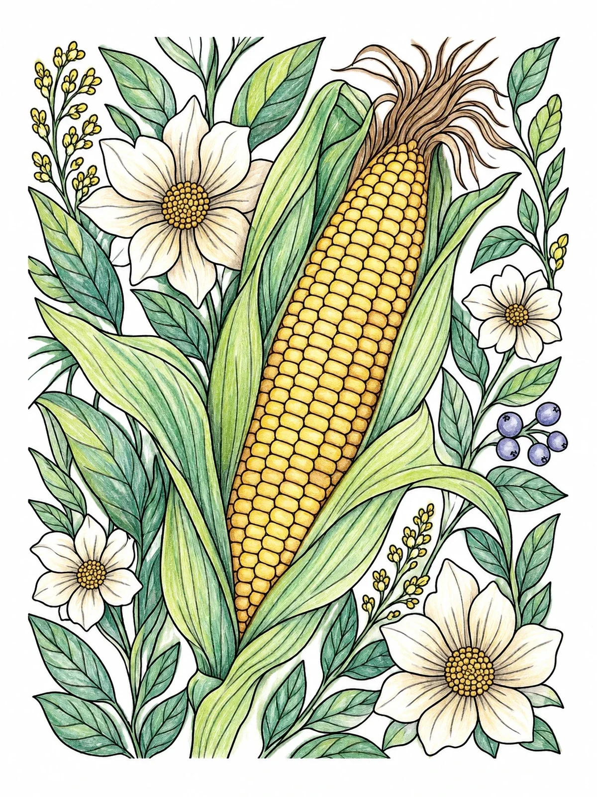 Colored example of the Ear Of Corn With Floral Border coloring page