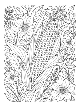 An intricate corn coloring page with an ear of corn surrounded by leaves and blossoms.