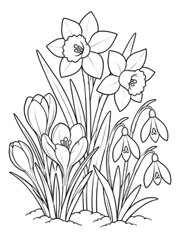 Blooming daffodils, crocuses, and snowdrops in this lovely march coloring page.