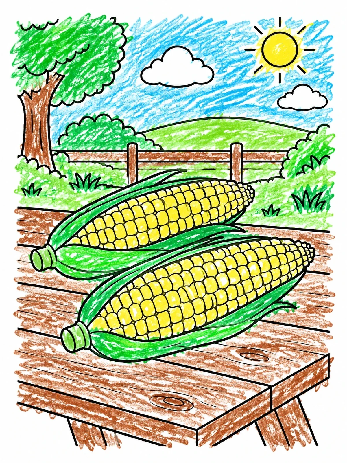 Colored example of the Ears Of Corn On Picnic Table coloring page