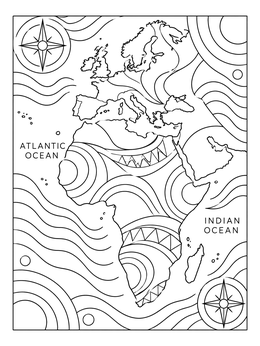 Stylized map of Europe and Africa with flowing waves on an earth coloring page.