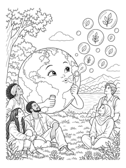 An earth day coloring page shows a personified globe blowing soap bubbles containing leaves to a group of friends.