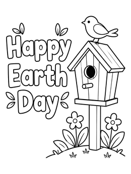 A cute earth day coloring page featuring a bird perched on a wooden birdhouse with flowers.