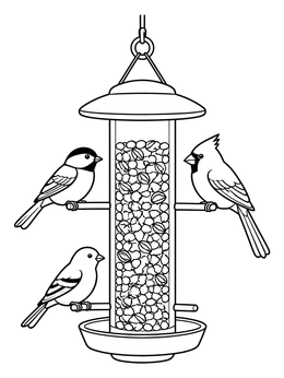 Earth day coloring page with wild birds perched on a seed feeder.