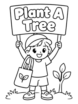 A cheerful earth day coloring page showing a child with a reusable bag and a Plant A Tree sign.