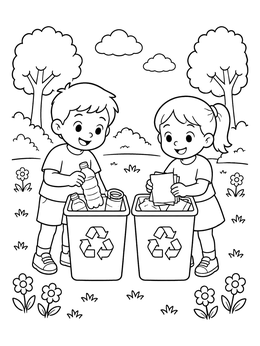 An Earth Day coloring page showing two kids sorting plastic bottles and paper into recycling bins outdoors.