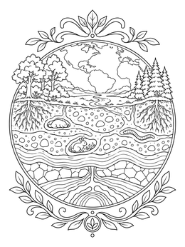 An intricate earth day coloring page depicting underground strata, plant roots, and resting animals.