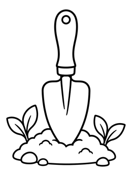 A garden trowel in soil on this earth day coloring page.