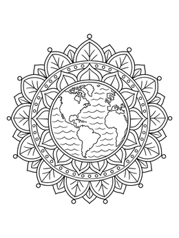 An intricate earth day coloring page featuring a central globe surrounded by a floral mandala.