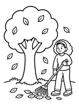 Free printable Raking Leaves Under A Tree coloring page