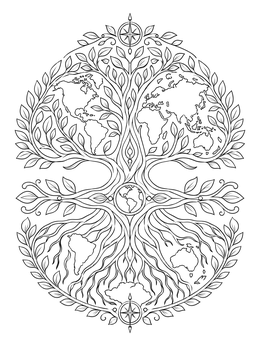 Intricate tree of life world map design in this earth day coloring page.
