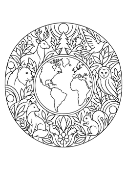 An intricate earth day coloring page featuring globe surrounded by woodland animals and leaves.