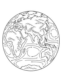 An Eastern Hemisphere globe with swirling ocean currents in this detailed earth coloring page.