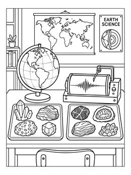An earth science coloring page featuring a globe, mineral samples, and a seismograph on a desk.
