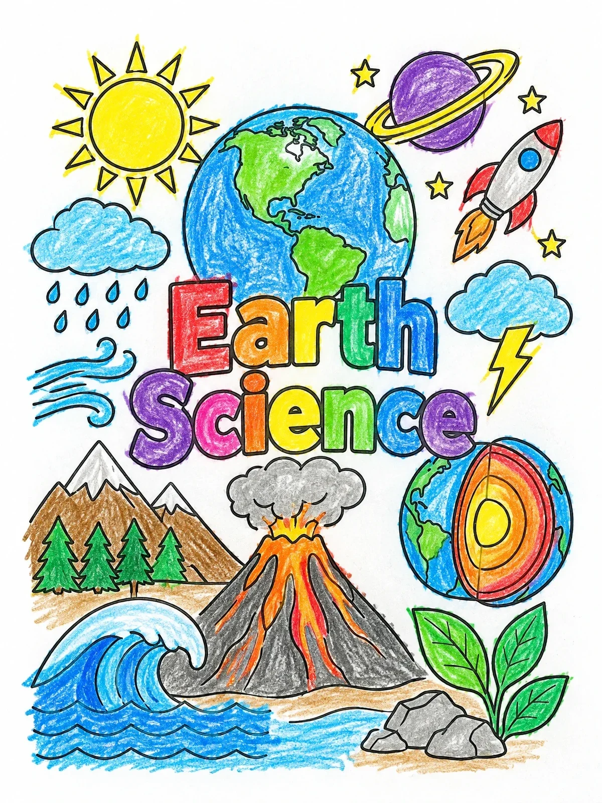 Colored example of the Earth Science Cover With Nature And Space coloring page
