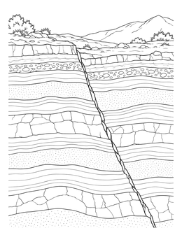 An earth science coloring page featuring a geological fault line shifting underground rock strata.