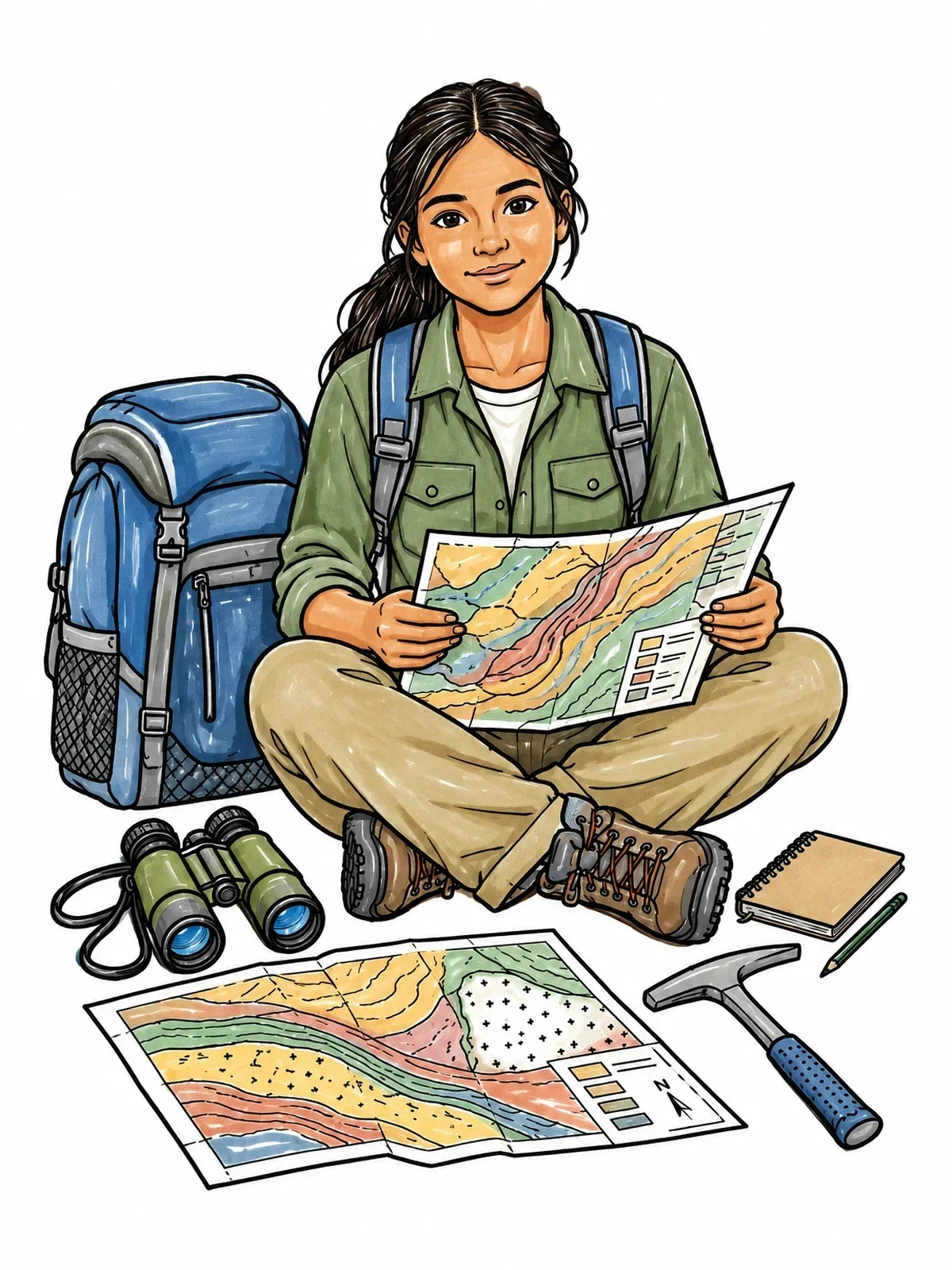 Colored example of the Geology Student With Survey Maps coloring page