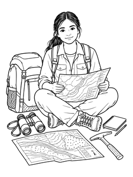 A young geologist studies field maps in this earth science coloring page.