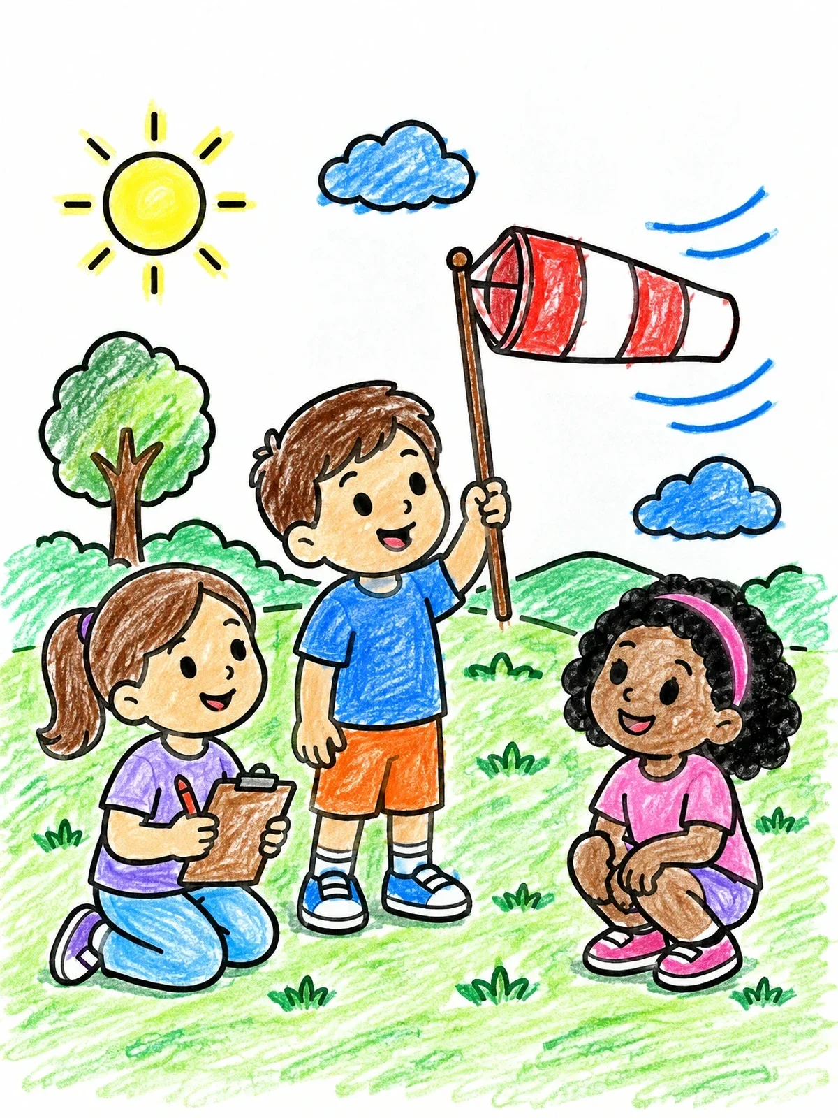 Colored example of the Children Checking Wind With A Windsock coloring page