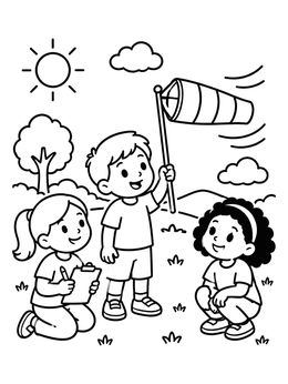 Free printable Children Checking Wind With A Windsock coloring page