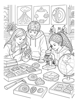 Students study rocks and fossils in this detailed earth science coloring page.