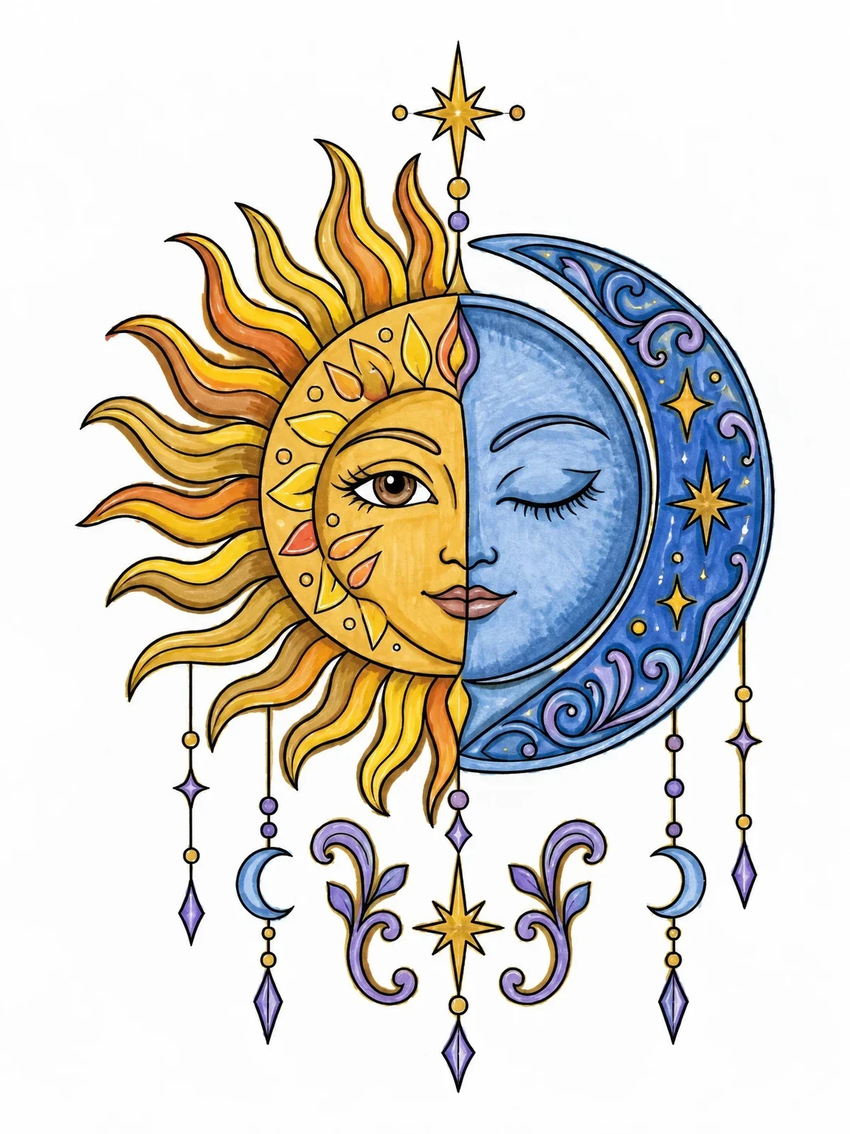Colored example of the Sun And Crescent Moon Face coloring page