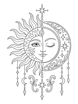 An ornate sun and crescent moon design in an earth science coloring page.