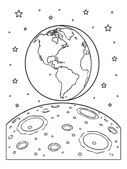 Planet earth coloring page seen rising above the cratered surface of the moon surrounded by stars.