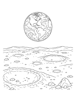A detailed earth coloring page showing the planet rising above a cratered lunar landscape.