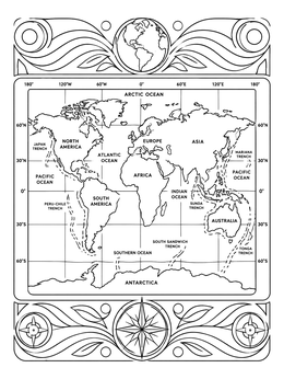 Detailed world map and compass rose featured in this earth coloring page.