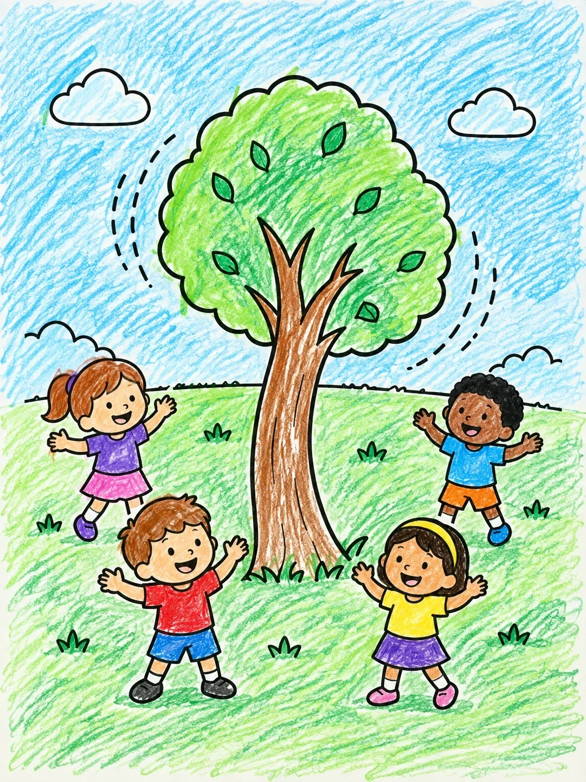 Colored example of the Children Outside Swaying Tree Safety coloring page