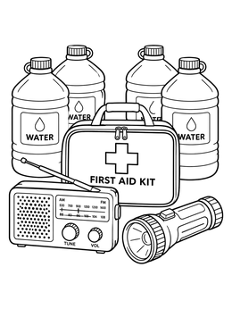 Free printable Emergency Preparedness Kit Essentials coloring page